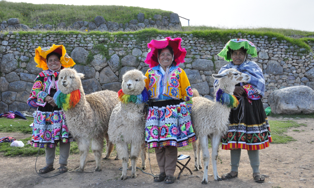 Photo de plusieurs personnes en habits typique colorés avec des lamas