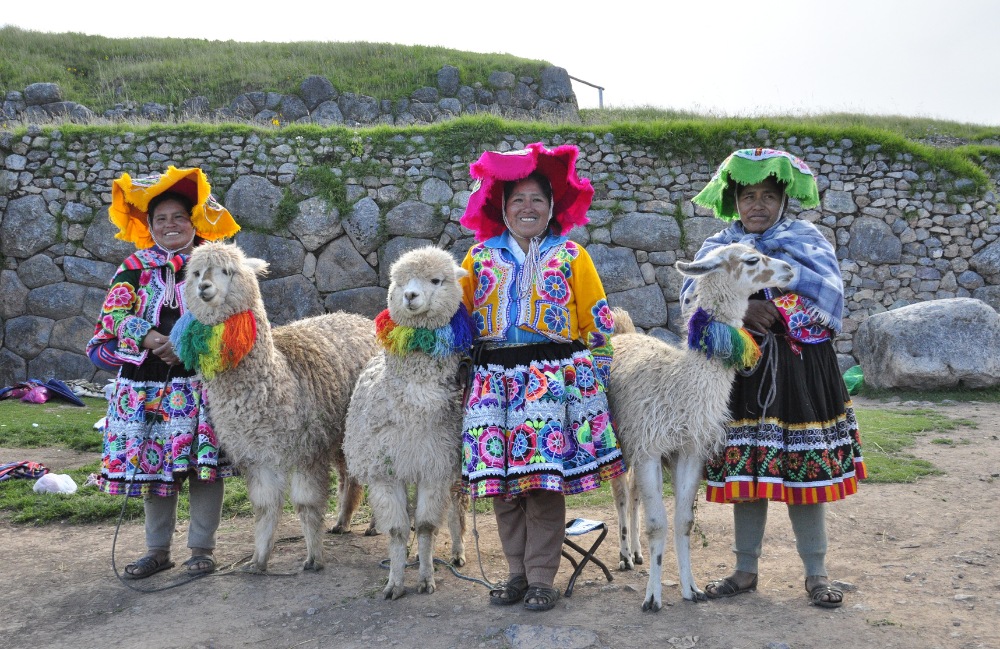 Photo de plusieurs personnes en habits typique colorés avec des lamas